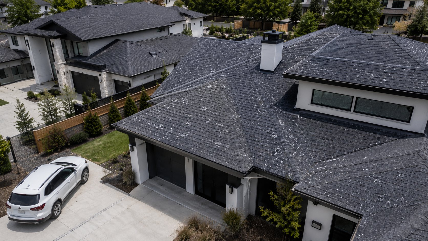 Aerial view of modern residential roofs after storm damage