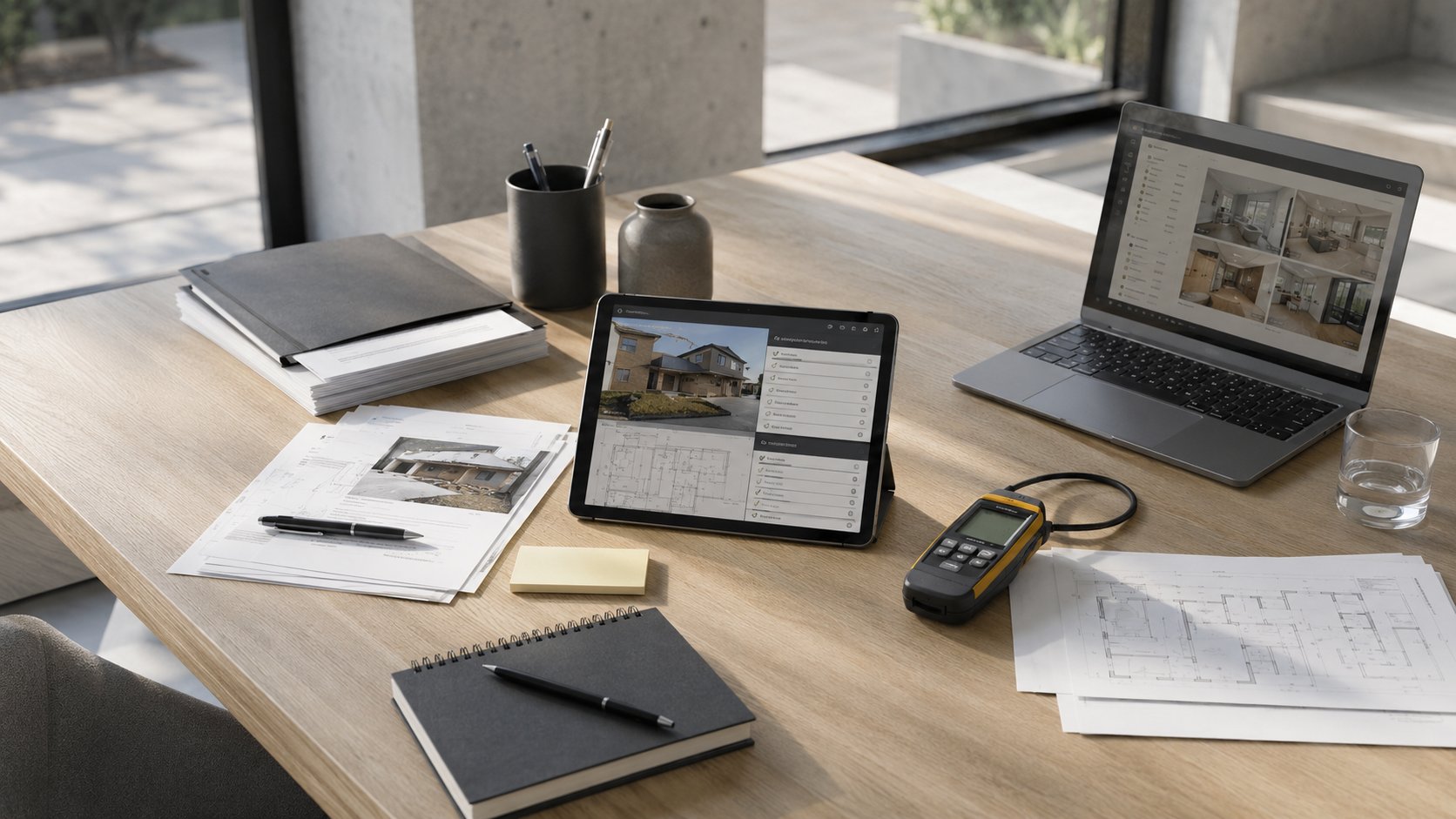 Claims review workspace with tablet, laptop, and inspection tools