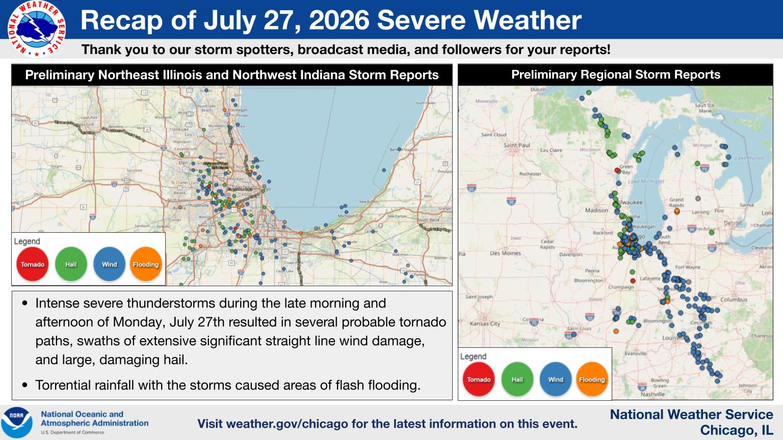 National Weather Service map summarizing reports from the July 27, 2026 severe-weather event