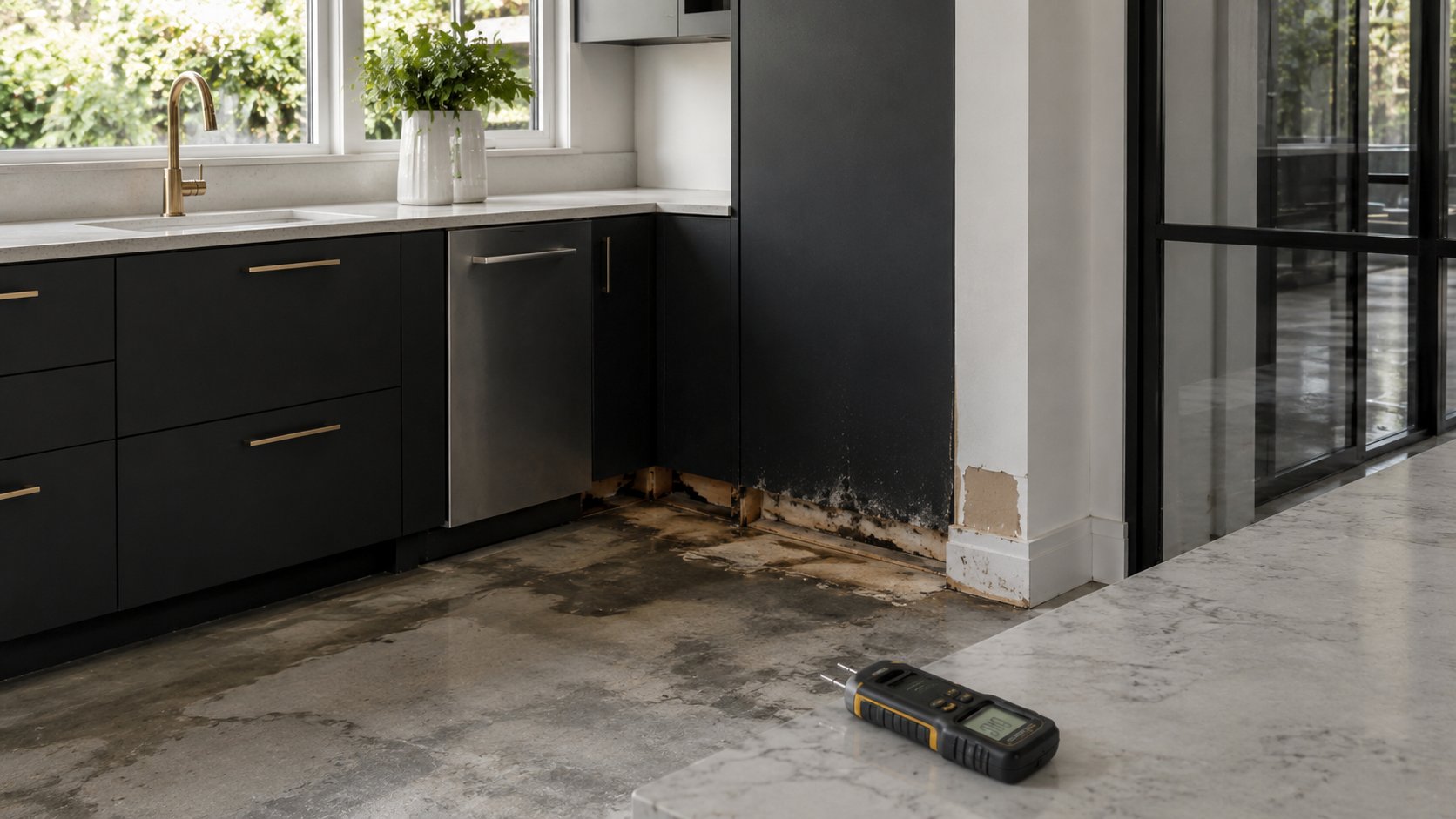 Modern kitchen with water damage assessment equipment